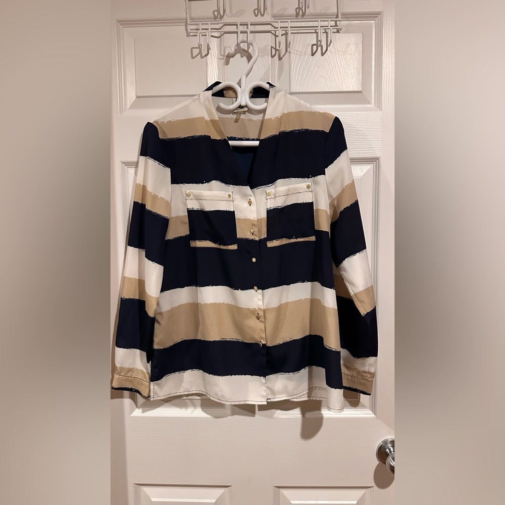 ♥️ Anne Klein Navy and Tan Striped Blouse